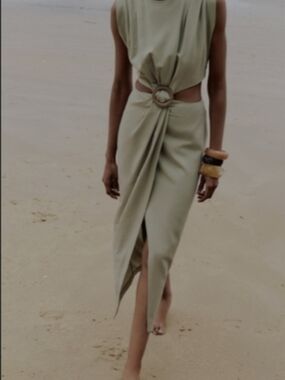 Zara Cut Out Midi Dress Sage Green Buckle Detail Linen Blend Vacation Resort XL